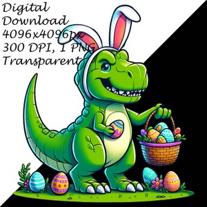 Easter T-rex Dinosaur Clipart With Bunny Ears & Eggs Basket - Digital ...