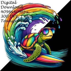 Vibrant Sea Turtle Clipart, Surfer Turtle PNG, Rainbow Wave Digital Art, High-Resolution Instant Download, Beach T-Shirt Design, Colorful