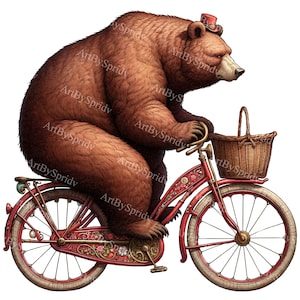 Clipart de oso caprichoso en bicicleta / Oso pardo en bicicleta PNG / Clip art digital de animales lindos / Diseños de sublimación imprimibles para manualidades de bricolaje