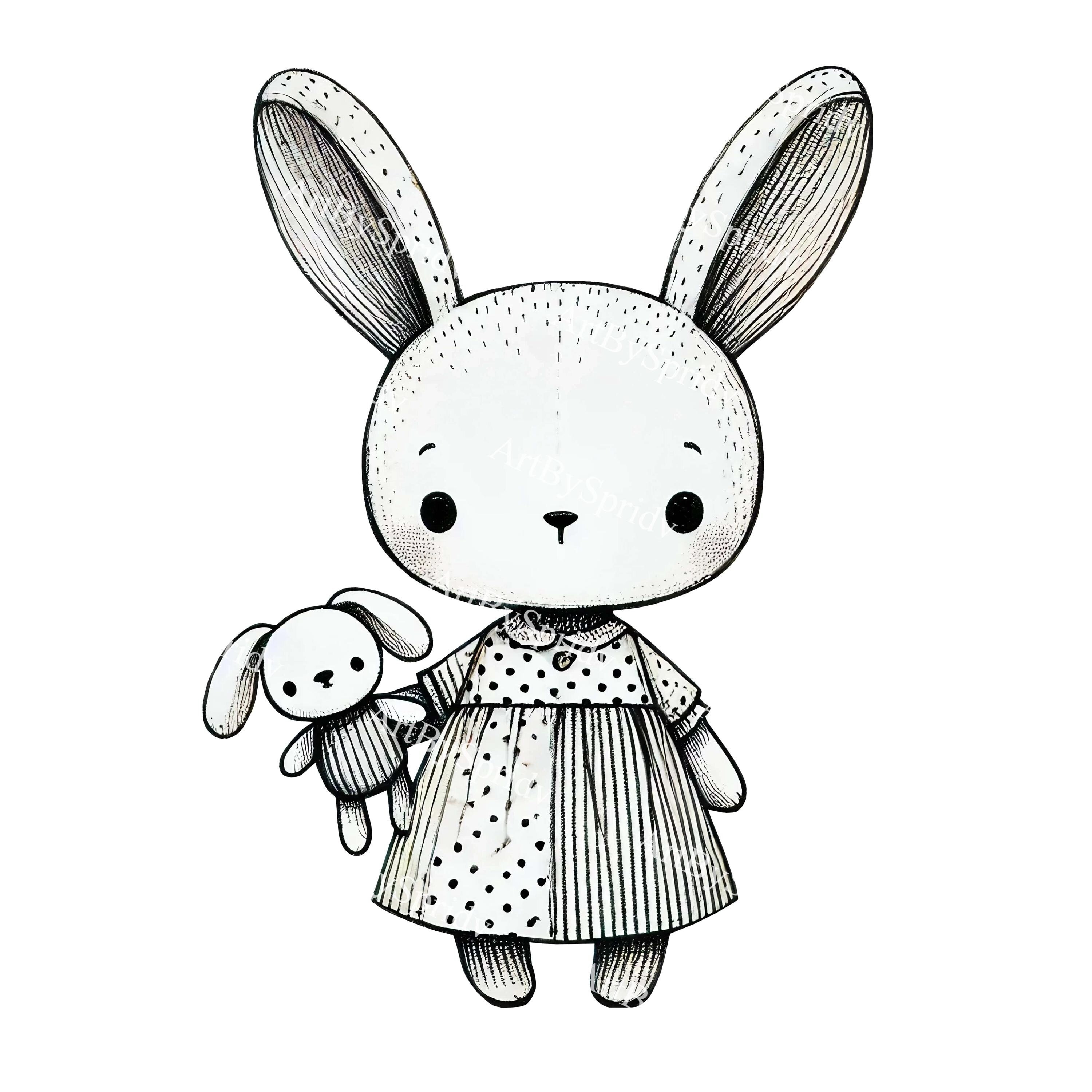 Hand-drawn Bunny Holding Plush Toy PNG Clipart, Cute Easter Rabbit ...