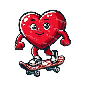Heart Character on Skateboard PNG Clipart - Cute Cartoon Heart Skating, Digital Download for Invitations, DIY Crafts Project & Home Decor