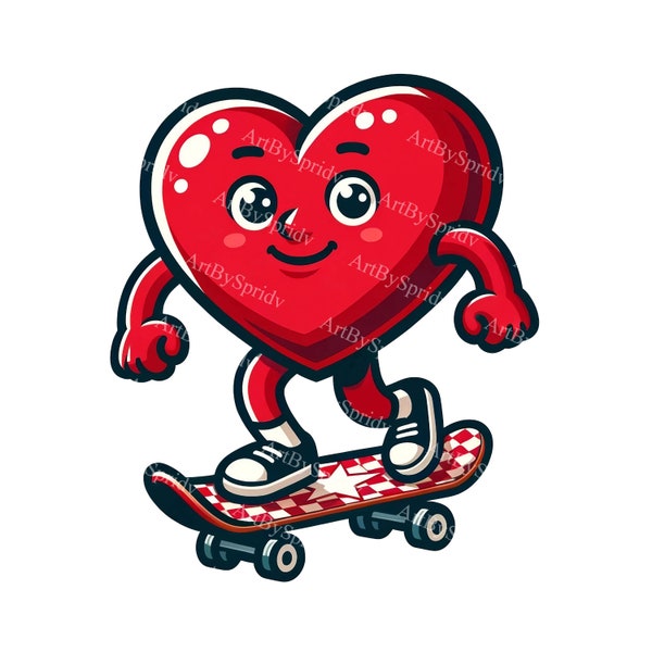 Cartoon Heart on Skateboard Clipart - Digital PNG for DTG, T-Shirt, Mug, Tumbler Sublimation & Scrapbooking - Playful Heart Art Download