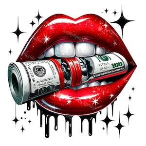 May include: A pair of red lips with a roll of US dollar bills in between them. The lips are glossy and dripping with black paint. The background is white with black stars.