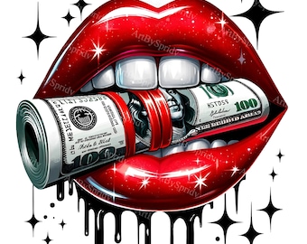 100 Dollar Bill Lips Clipart - Glossy Lips & Money PNG, Digital Download for T-Shirt, Mug, Tumbler, Scrapbooking,Sublimation Design Clip Art