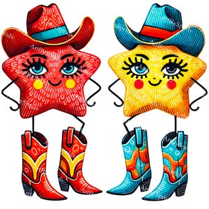 Western Charaktere Clipart | Niedliche Cowboy & Cowgirl Sterne PNG | Digitale Clip Art für DIY Handwerk, Aufkleber, Dekor, DTG Tee