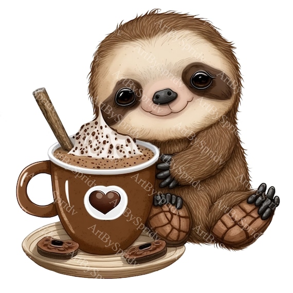 Cute Coffee Sloth - Graphic Print T Shirt Cute Coffee Sloth - Graphic Print T Shirt