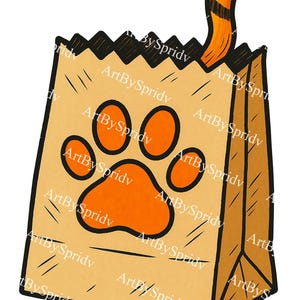 Cat in Paper Bag PNG, Cartoon Kitty Tail Sticking Out of Pet Paw Print Bag, Transparent Clipart for Cat Lover Sublimation & Digital Crafts