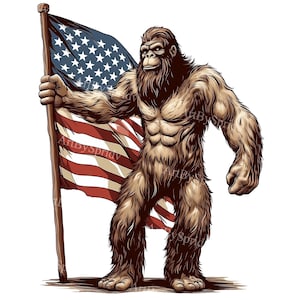 Patriotic Bigfoot/Sasquatch USA Flag Transparent PNG Clipart, Kids/Adults Cartoon Design, Printable Sublimation,Commercial,Magical Clip Art
