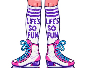 Clipart PNG di pattini a rotelle retrò, divertenti calzini alti fino al ginocchio con citazione "La vita è così divertente", arte digitale di Roller Disco anni '80, clip art con stampa al neon per artigianato fai da te