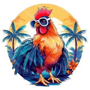 Modny tropikalny kogut Clipart, fajne okulary przeciwsłoneczne Kurczak, letnia plaża cyfrowe pobieranie, hawajska koszula Kura, Żywa sztuka zwierzęca do rzemiosła
