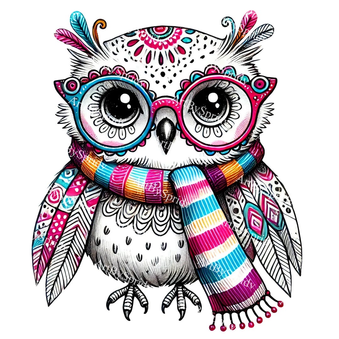 Owl With Glasses & Striped Scarf PNG Clipart, Cute Boho Bird ...