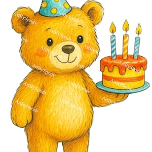 Niedliche Geburtstags-Bär Clipart PNG - Entzückender Cartoon Teddybär mit Kuchen und Partyhut - Kindergeburtstag Sublimationsdesign für Karten & Kunsthandwerk