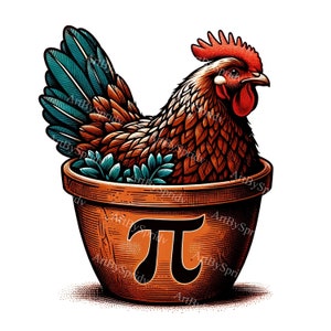 May include: A red rooster with a teal tail feathers sits in a brown ceramic pot with the mathematical symbol pi on the front.