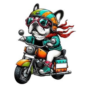 Franse Bulldog motorrijden Download PNG-clipart|Retro schattige biker puppy hondje|Frenchie met helm|Vintage illustratie voor kinderen en volwassenen