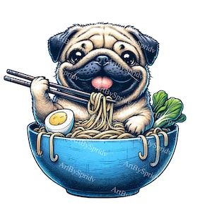 Pug in Ramen Bowl Clipart | Cute Dog Digital Art PNG | Kawaii Pet Illustration for Scrapbooking, Invitations & Planner Stickers, DIY Craft