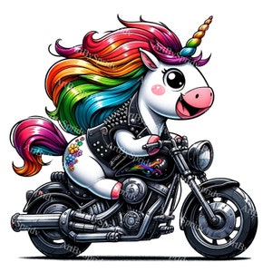 May include: A white unicorn with a rainbow mane and tail is riding a black motorcycle. The unicorn is wearing a black leather jacket with studs and has a pink nose.