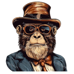 Stylish Gentleman Monkey Clipart - Dapper Chimpanzee PNG, Vintage Animal Illustration with Hat and Bowtie, Transparent, Digital Download