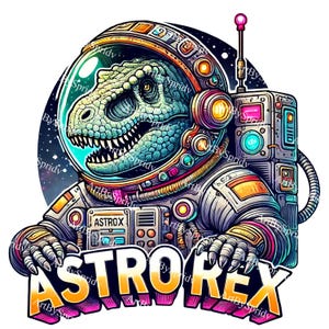 Clipart de dinosaurio espacial Astro T-Rex, dinosaurio cósmico PNG transparente, ilustración de astronauta T-Rex, arte digital de ciencia ficción para camisetas, calcomanías, manualidades