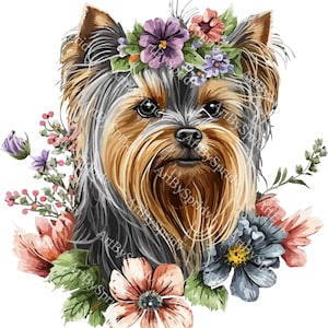 Yorkshire Terrier Floral Crown PNG Clipart, Hand-Drawn Yorkie Dog with Flowers, Transparent PNG for T-Shirt Sublimation, DIY Craft Project