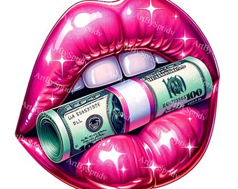 Glam Money Lips PNG Clipart | High-Quality Transparent Pink Lip Art | Digital Printable Sublimation | Financial Feminine Art | Wealth Symbol