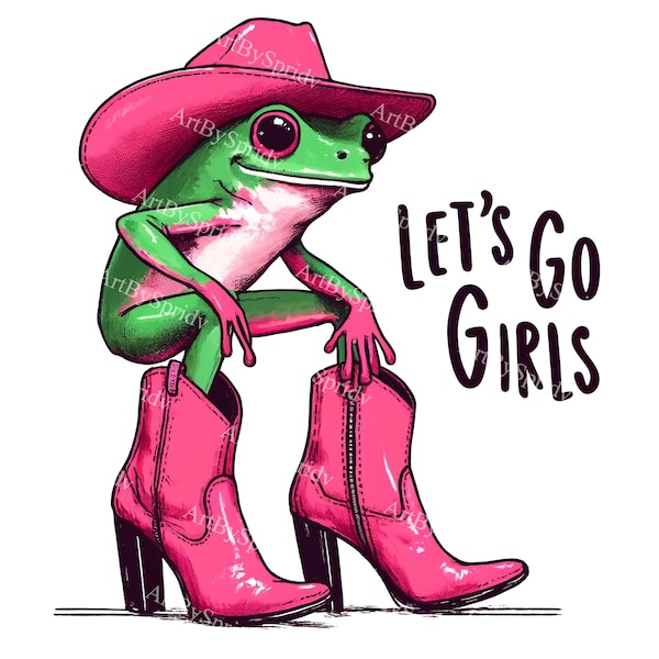 Let's Go Girls Frog Clipart - Pink Cowboy Hat & Boots, Western Amphibian Illustration, Digital Download, Fun Animal Art for DIY T-Shirts