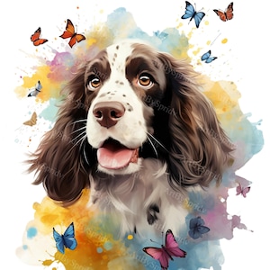 English Springer Spaniel Puppy With Butterflies-Transparent 4 PNG Clipart - Printable T-Shirt, Mug, Tumbler Sublimation Clip Art, Commercial