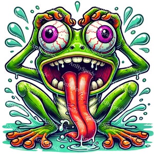 Crazy Cartoon Frog PNG Clipart with Exaggerated Eyes & Tongue,Hand-Drawn Style Digital Download,Funny Frog Illustration for Kids,Unique Gift