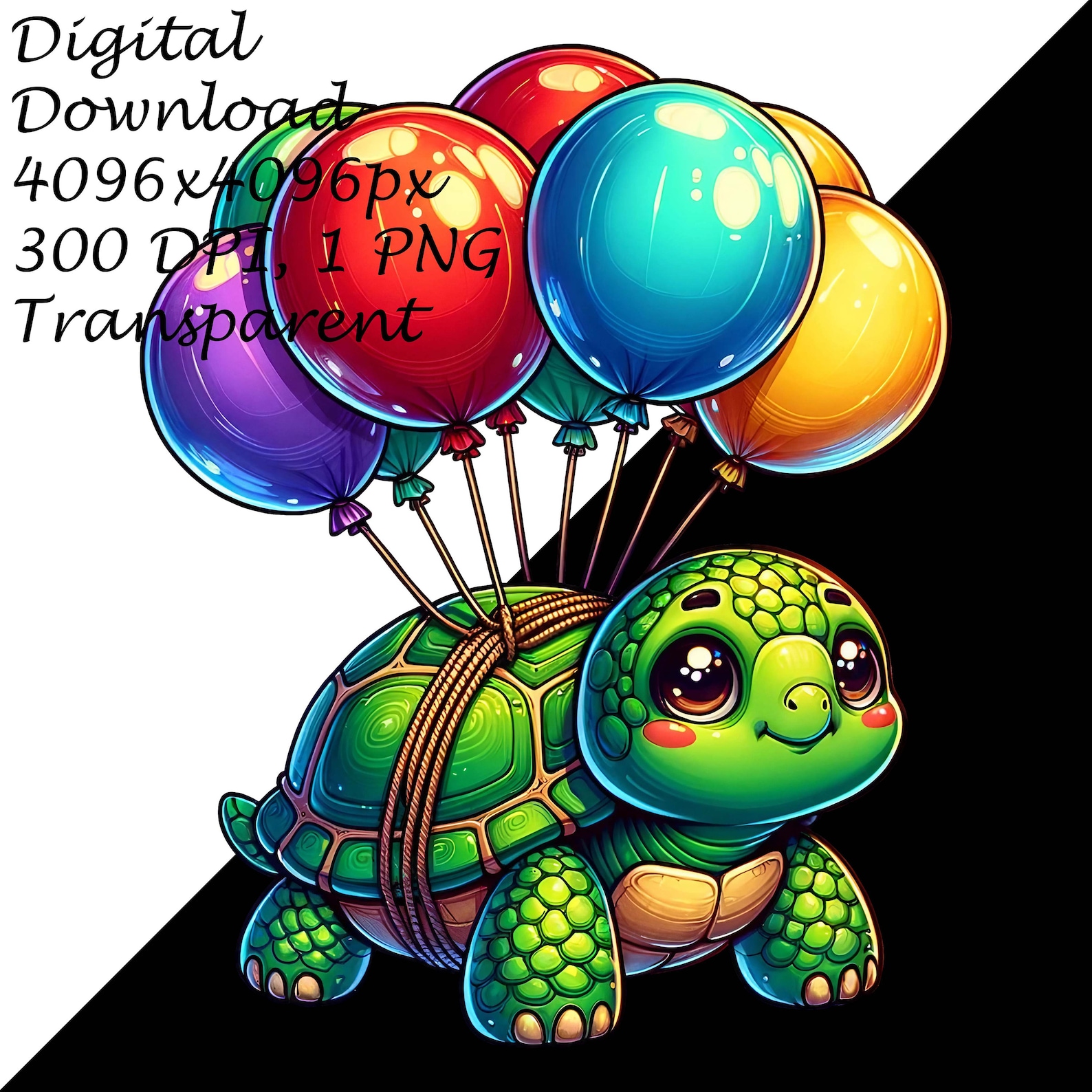Adorable Green Turtle Digital Clipart With Colorful Balloons PNG ...