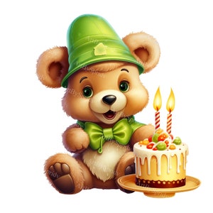 Orsetto di compleanno con cappello e papillon, torta-Clipart PNG trasparente-T-shirt stampabile, tazza, bicchiere Clip art a sublimazione, baby shower, pubblicità
