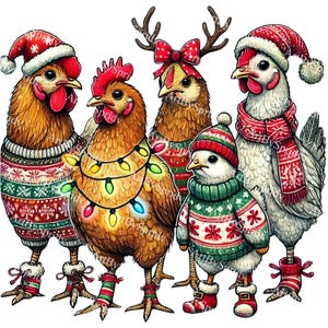 Festive Christmas Chicken Bundle PNG Clipart, Hand Drawn Funny Chickens in Holiday Sweaters with Santa Hats & Lights Clip Art for DIY Craft