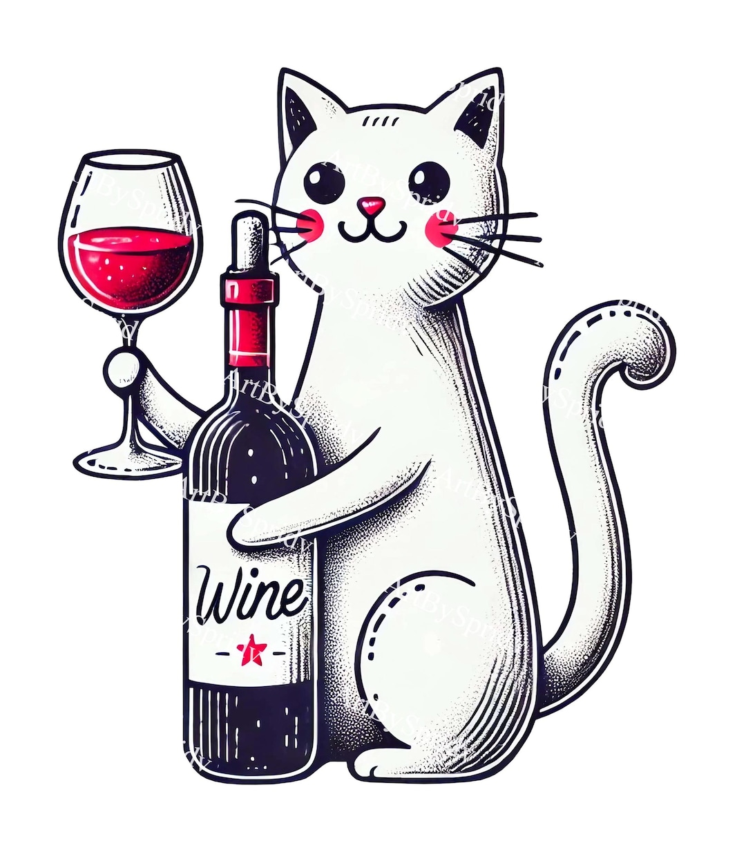 Funny Wine Cat Clipart - Cute White Cat Holding Wine Bottle & Glass ...