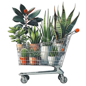 鉢植えの植物が入ったショッピングカートのクリップアート - 緑豊かな葉 PNG、都会のジャングルデジタル、ホームデコレーションアート、即時ダウンロード、透明な DIY クラフト