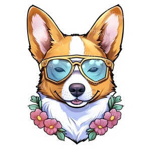 Sassy Corgi Dog PNG Clipart with Sunglasses & Floral Crown, Cute Digital Clip Art for T-Shirt, Mug Sublimation, Stickers, DIY Craft