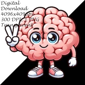 Cartoon Brain Clipart PNG - Friendly Brain Giving Peace Sign for DTG, Mugs, Tumblers, Sublimation & Scrapbooking - Digital Download Clip Art