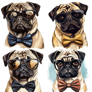 Cute Pug Clipart Bundle with Glasses and Bow Ties - Digital Download, Transparent PNG, Instant Download, Dog Lover Art, Pug Illustration Set