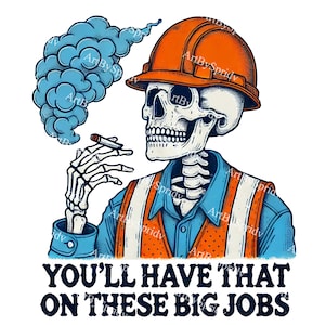 Unique Skeleton Construction Worker Smoking Download PNG Clipart, DIY Craft Projects, Graphic Design, T-Shirt Sublimation Design, Stickers