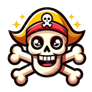 Pirate Skull and Crossbones Clipart - Cartoon Style Digital PNG for DTG, T-Shirts, Mugs, Tumblers, Sublimation, Scrapbooking - Unique Design