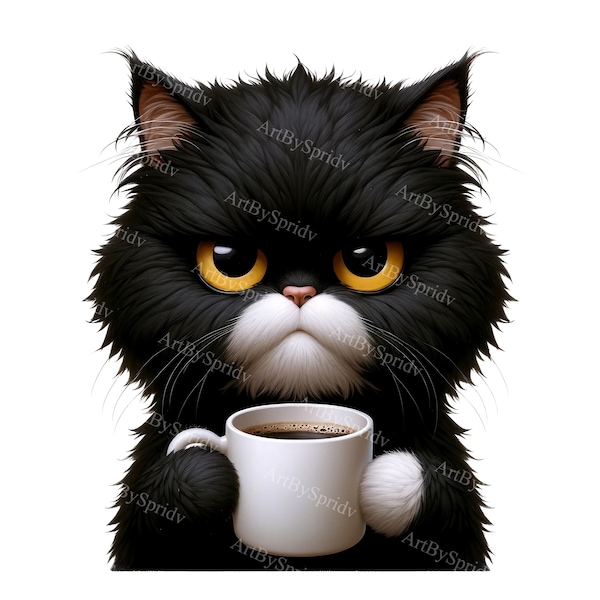 Grumpy Black Cat Clipart with Coffee Cup - Digital PNG for DTG, Sublimation, T-Shirts, Mugs, Tumblers, Scrapbooking - Printable Cat Design