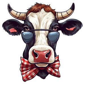 Trendy Farm Cow with Sunglasses & Bowtie PNG Clipart for T-Shirt Sublimation,Mug,Tumbler,Cute Animal Clip Art for DIY Crafts,Farmhouse Decor