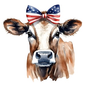 May include: A brown and white cow with a red, white, and blue bow tied around its head. The cow is looking directly at the camera.