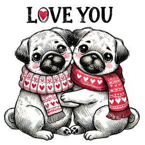 Pug Love PNG, Hand-Drawn Valentine Dogs Clipart, Romantic Puppy Illustration, Cozy Winter Pugs Transparent Sublimation for T-Shirts & Gifts