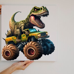 May include: A green dinosaur riding a yellow monster truck with large tires. The dinosaur has its mouth open and is roaring. The truck has a black grill and headlights.