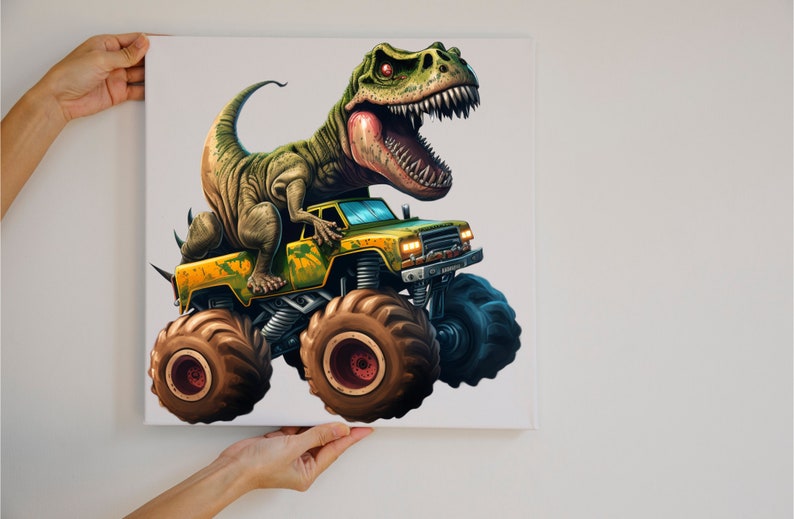 May include: A green dinosaur riding a yellow monster truck with large tires. The dinosaur has its mouth open and is roaring. The truck has a black grill and headlights.