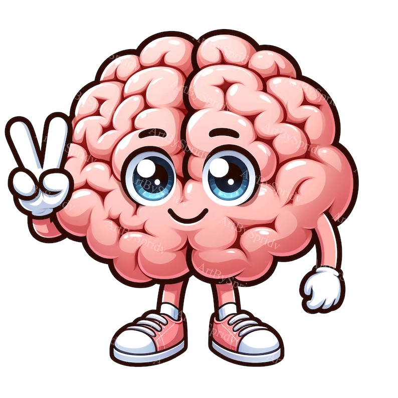 Cartoon Brain Clipart PNG - Friendly Brain Giving Peace Sign for DTG, Mugs, Tumblers, Sublimation & Scrapbooking - Digital Download Clip Art