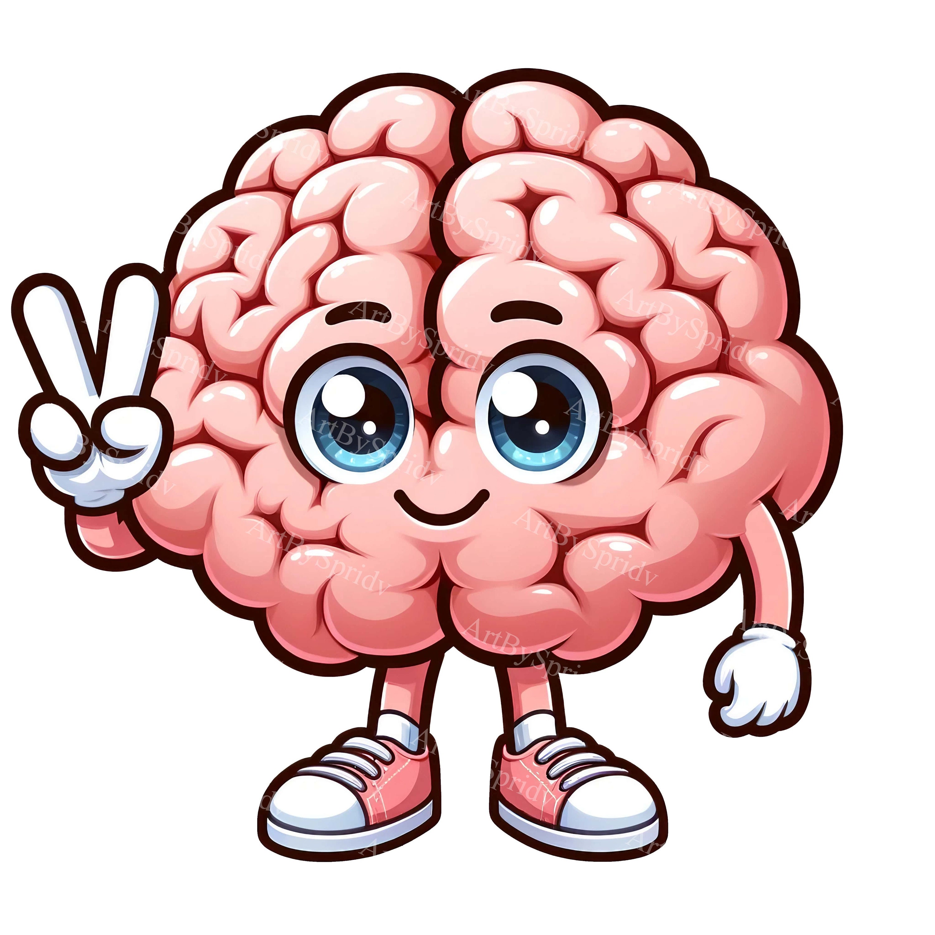 Cartoon Brain Clipart PNG Friendly Brain Giving Peace Sign For DTG 