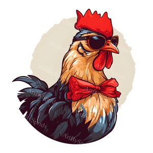 Puede incluir: Una ilustración de dibujos animados de un gallo con gafas de sol rojas y una pajarita roja. El gallo tiene una cresta y una papada rojas, y sus plumas son negras, azules y marrones.