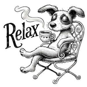 Chill Out with Our Relaxed Dog PNG Clipart,Vintage Canine Sipping Coffee,Perfect for Calm Vibes Clip Art&Printable Relaxing Pet Illustration