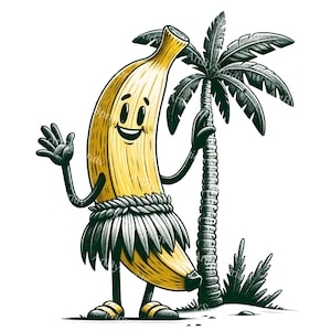 Cheerful Banana Character Clipart - Hand-Drawn Tropical Style Banana PNG, Digital Download for Invitations & Crafts, Fun Fruit Illustration