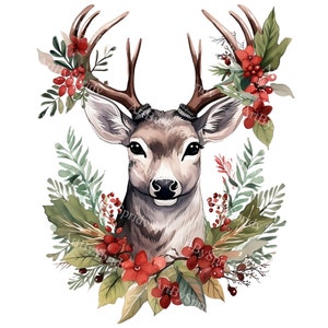 Weihnachtshirsch mit Baumkranz transparente PNG Clipart, Cartoon-Design für Kinder / Erwachsene, druckbare Sublimation, kommerziell, magisches Tier Clip Art