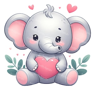 Schattige cartoon olifant met hart clipart - Valentijnsdag PNG voor DTG, T-shirt, mok, beker sublimatie, scrapbooking - digitale download